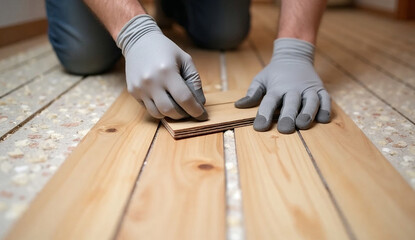 A carpenter is installing laminate planks, aligning the grooves on the underlayment for a precise floating floor installation.