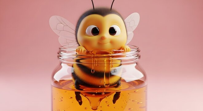 Happy cartoon bee emerging from honey jar, sweet sticky liquid dripping