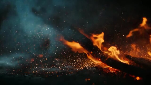 A closeup view of a burning fire with smoke and embers flying through the air at night