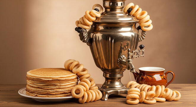 Traditional samovar with pancakes and кольца on wooden table  