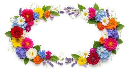 Vibrant floral wreath composed of colorful flowers and greenery in a circular arrangement