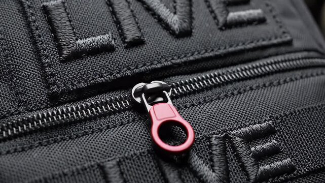 Close-up of black textile with raised embroidered text "LINE" and red zipper puller detail