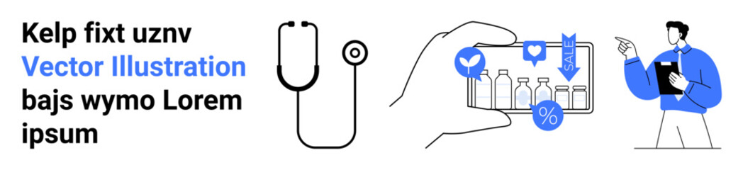 Fototapeta premium Telemedicine, online pharmacies, healthcare management, digital health tools, medical consultations, remote diagnosis. A doctor, stethoscope and smartphone showing medication. Telemedicine