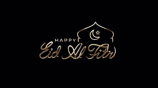 Animated Golden Happy Eid Al Fitr Script Letter with star moon and mosque on transparent background, alpha channel