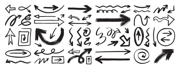 hand drawn arrows set grunge rough, brush stroke curly arrow collection © Yanka