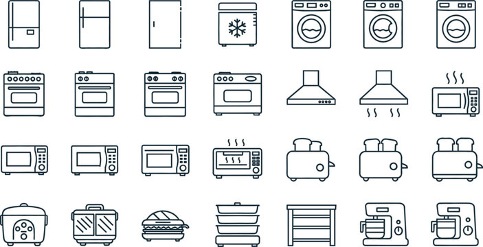 Home kitchen appliances line icon set editable stroke vector illustration isolated on white background collection