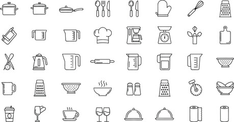 Kitchen cooking and dining line icon set with utensils cookware appliances and tableware symbols © V Stock