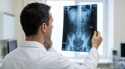 Fototapeta premium Doctor examining spine and pelvis X-ray film in clinic, medical professional reviewing radiograph image in hospital setting