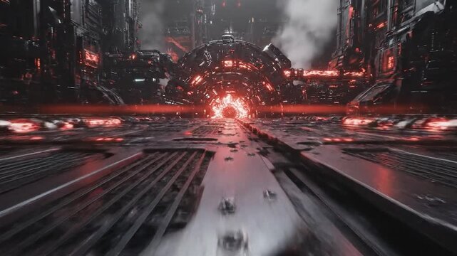 Futuristic sci-fi tunnel with red glowing lights and motion blur.