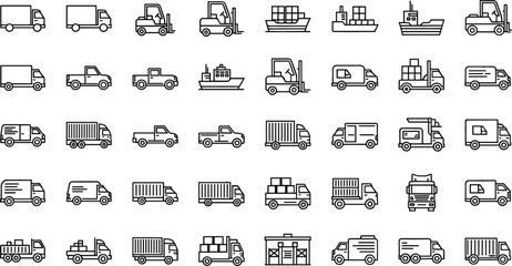 Logistics transportation vehicle line icon set with trucks vans forklifts cargo ships and delivery transport vector