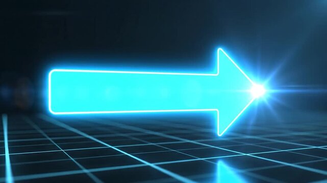 A glowing blue neon arrow moves forward on a digital grid floor