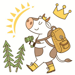 Cute Cheerful Cow, accessorized with with a tiny crown, in a Forest adventure world &ndash; Evergreen Trails palette vector