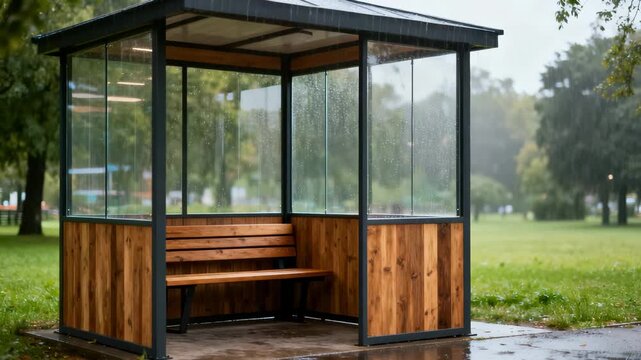 Rain shelter pavilion in modern park style, muted natural colors, outdoor public seating and weather protection concept with copy space
