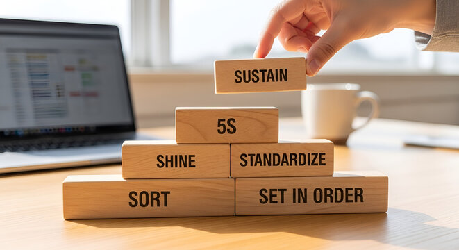 Hand placing 'Sustain' block on 5S methodology pyramid, a conceptual image of business process improvement and lean management strategy