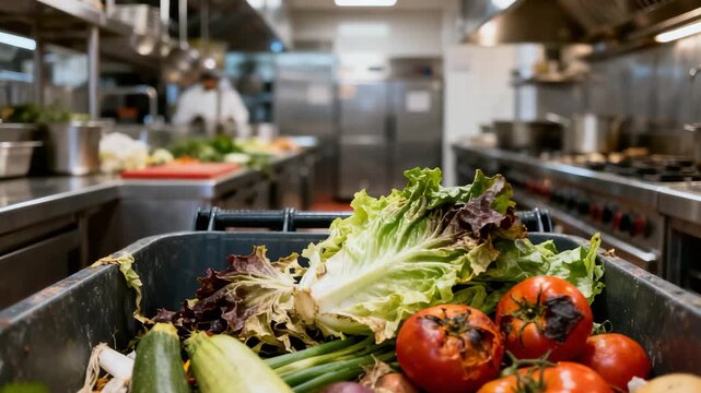 Spoiled vegetables in commercial kitchen, muted natural colors, food waste and kitchen hygiene concept
