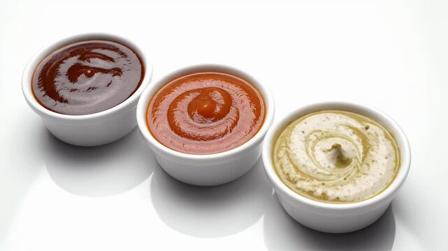Variety of dipping sauces in bowls on clean white background