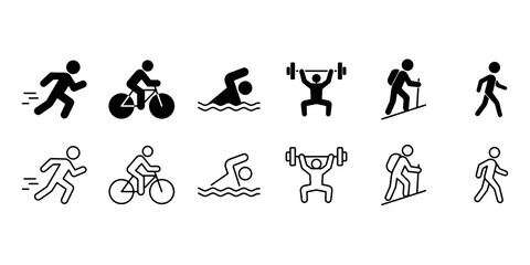 A collection of black sports icons for running, cycling, swimming, weightlifting, hiking and walking. Vector illustration with transparent background. © IconSade