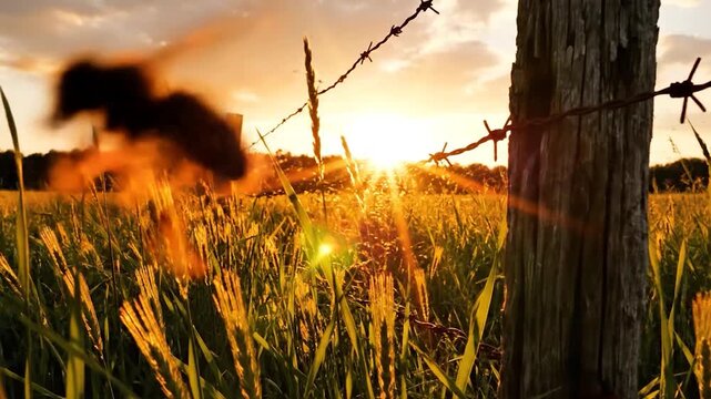 Golden hour light illuminates a rustic barbed wire fence in a vast field
