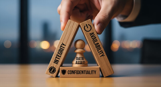 Conceptual image of data asset protection with CIA triad with confidentiality, integrity, availability  blocks.