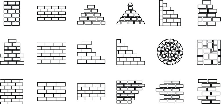 Brick wall masonry pattern line icon set with different bond styles construction texture vector collection