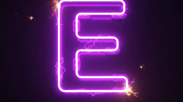 A vibrant purple neon letter E glows with electric sparks on a dark background