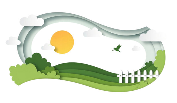 Summer landscape vector in layered paper cut style with sun, clouds, hills, fence, and bird isolated on white