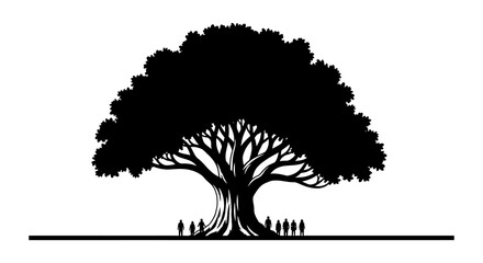 A silhouetted tree with dense foliage stands over a small group of people below high quality © arfanah02