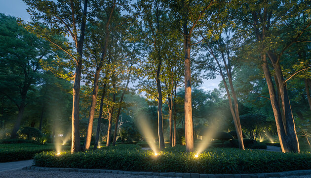 Lush garden forest with trees highlighted by powerful warm uplights, showcasing professional outdoor landscape lighting at dusk.