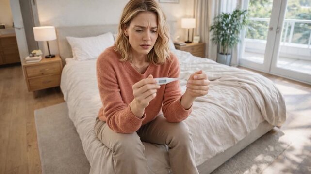 Sick, woman and thermometer in home for virus infection, influenza or allergy on living room sofa. 
