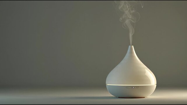 White Essential Oil Diffuser Emitting Mist on Neutral Background