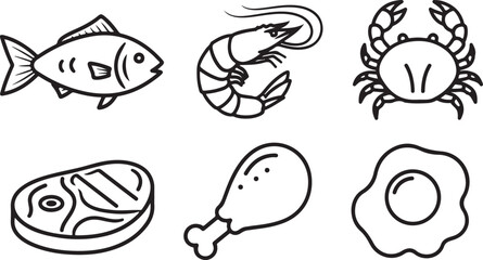 Fototapeta premium Protein food source icon set featuring various animal products like fish shrimp crab beef steak chicken drumstick and fried egg in simple black outline style