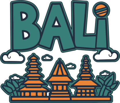 bali indonesia travel illustration with temples and tropical landscape