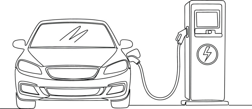 Continuous one line drawing of an electric vehicle charging at a station for green energy concept