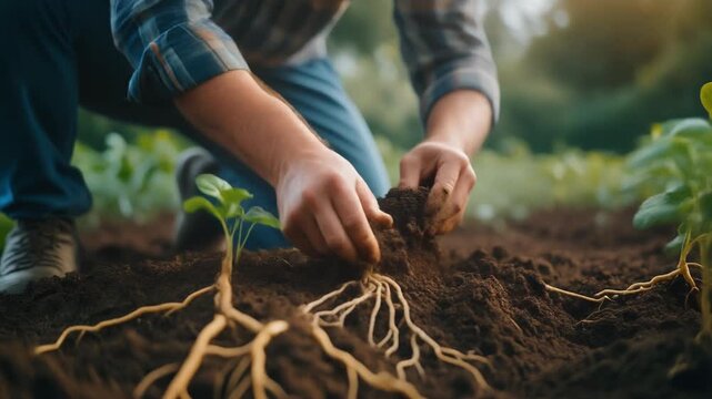 Farmer examining healthy soil with microorganisms and roots network. Close-up of organic dirt with bacteria and fungi for regenerative agriculture and soil science. High-tech macro shot.