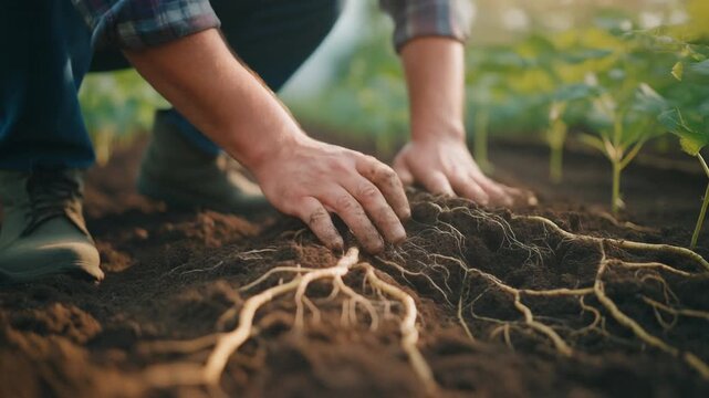 Farmer examining healthy soil with microorganisms and roots network. Close-up of organic dirt with bacteria and fungi for regenerative agriculture and soil science. High-tech macro shot.