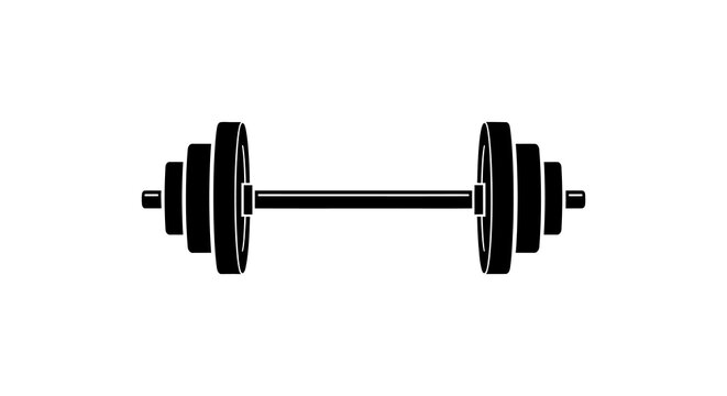 A black barbell with weight plates centered on a white background depicting strength training equipment