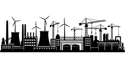 Obraz premium A black silhouette depicts an industrial cityscape featuring factories cranes and wind turbines high quality professional