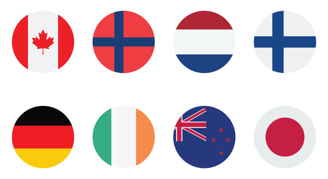 collection of round national flag icons featuring canada norway netherlands finland germany ireland new zealand and japan flat vector set isolated on white background