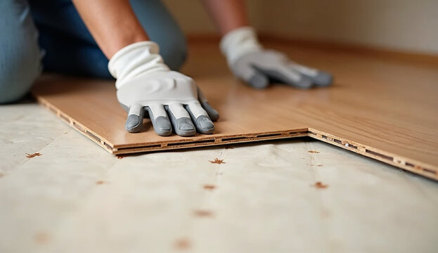 A carpenter is installing laminate planks, aligning the grooves on the underlayment for a precise floating floor installation.