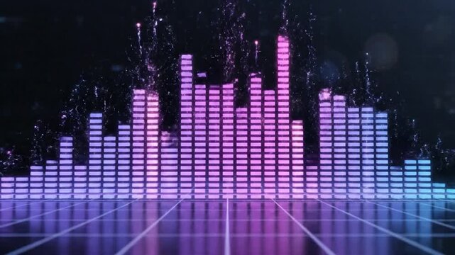 Futuristic neon o equalizer graph on a reflective grid floor.