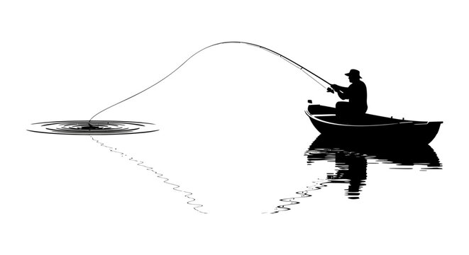 A silhouetted fisherman in a small boat casts a line creating ripples on the water