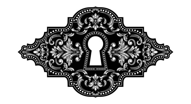 An ornate black and white keyhole design featuring swirling floral and geometric patterns high quality professional detailed modern