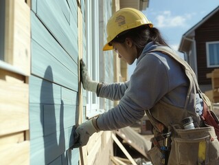 Worker installing siding panels on a residential building during daylight to enhance insulation and aesthetics in the home improvement process