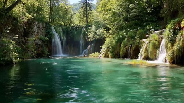 A serene waterfall cascades into a crystal-clear pool surrounded by lush greenery.