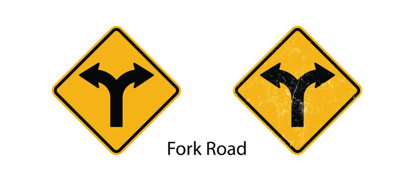 fork road traffic sign icon set yellow direction choice clean and grunge style
