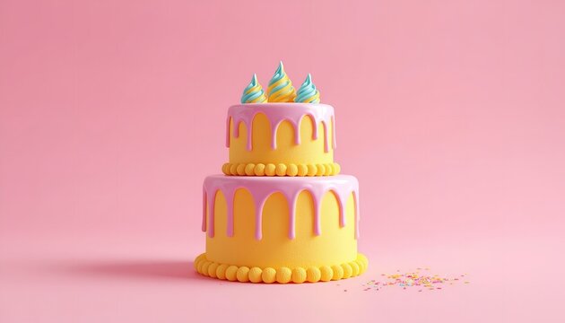 A colorful two-tiered yellow cake with pink icing and blue and yellow frosting on top, on transparent background