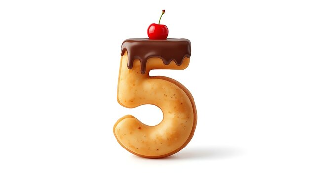 A delicious donut shaped like the number five with chocolate and a cherry on top on transparent background