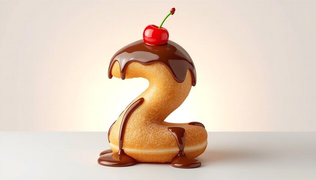 A chocolate covered donut shaped like the number two with a cherry on top sitting on a white surface and background on transparent background