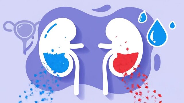 2D medical animation of human kidneys showing the filtration process with blue and red particles representing blood purification.