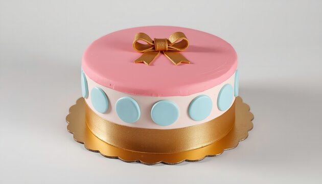 A beautifully decorated cake with pink and blue frosting on a gold plate on transparent background